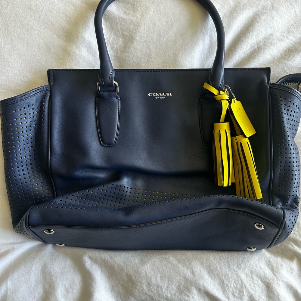 Coach Dark Blue Tote with Bright Yellow Tassels
